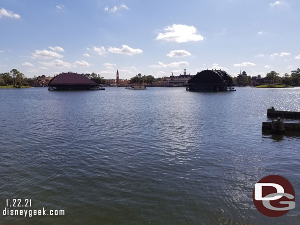 A look out to World Showcase Lagoon.  Two large barges for Harmonious have been installed. There are two more coming soon.