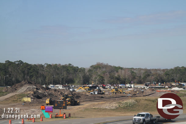 Roadwork continues near the Magic Kingdom parking lot.  They are reworking the interchange of Floridian Way and World Drive. This is also the Magic Kingdom parking exit roadway where the car care center is.