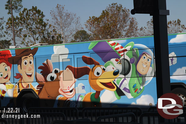 A Toy Story bus passing by.