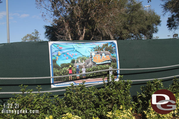 10:32am, arrived at Epcot.  Renovation work on the entrance continues.  This wall is as you walk from the buses to security on the left/north side of the walkway.