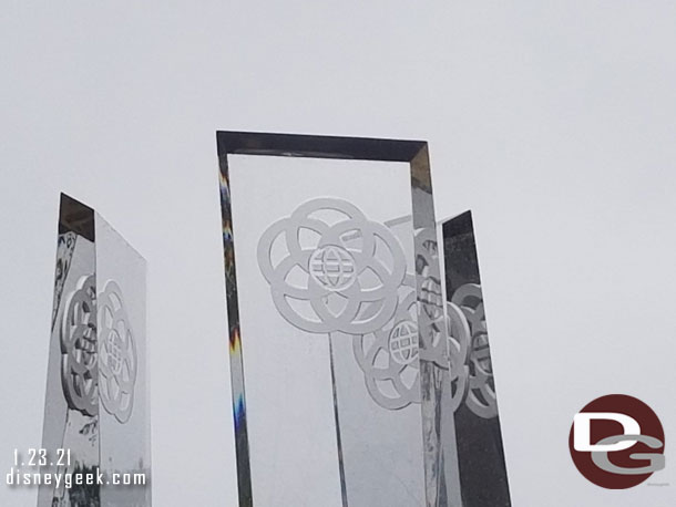 A closer look at the new acrylic pylons in the entrance fountain.