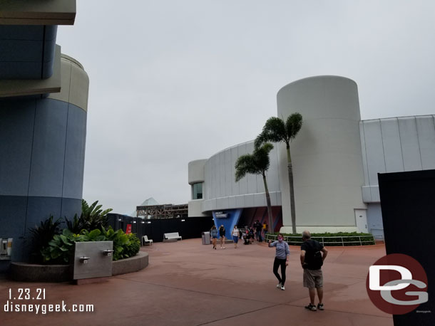 Looking toward the exit from Spaceship Earth, to the left is guest relations (which is still open and has not moved).