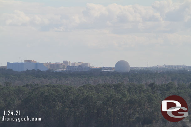 Epcot on the horizon. To the left of Spaceship Earth you can see the Riviera Resort, the smallest building then beyond it the non Disney Bonnet Creek Resorts and to the left the large show building for Guardians of the Galaxy.