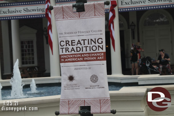 A banner advertising the current exhibit in the American Adventure.