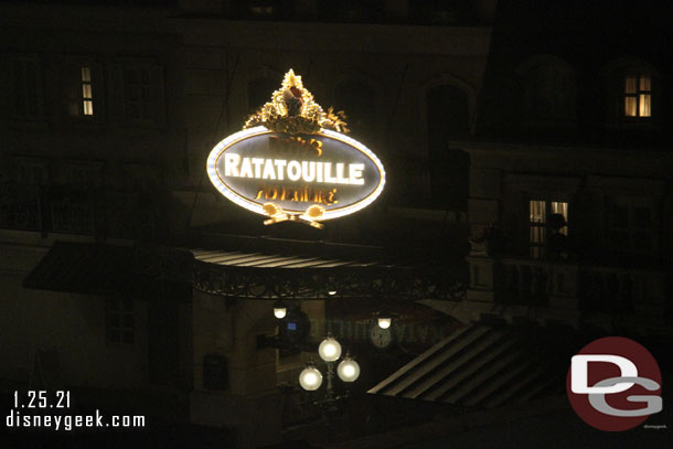 The marquee for the Ratatouille attraction was lit up.