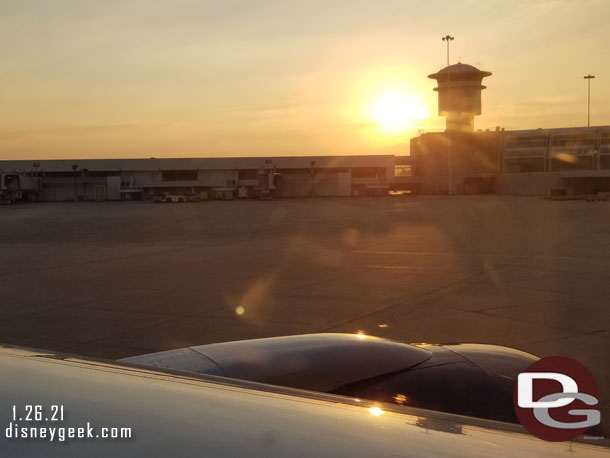 5:34pm - Being pushed out of the gate to begin the flight home as the sun set.