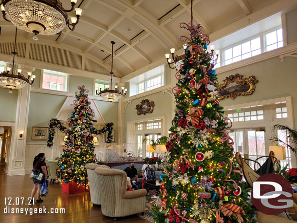 9:05am - Changed and dropped our bags. Ready to start the day.   Notice there are no gingerbread houses this year in the Boardwalk Lobby.