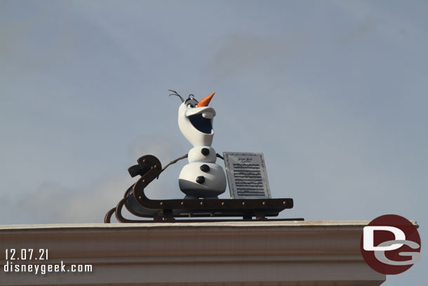 There is an Olaf hunt available in World Showcase.  I spotted this Olaf on the sign for the Candlelight Processional at the American Adventure.