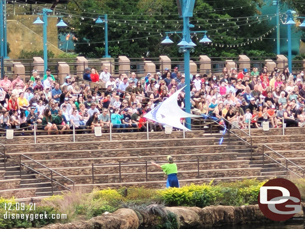 The show is underway with performers on the Dinoland side, there is no one on the Asia side.