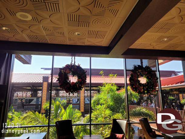 Christmas decorations around the lobby of the Polynesian looked about normal. No gingerbread houses but the regular wreaths, tree, garlands.