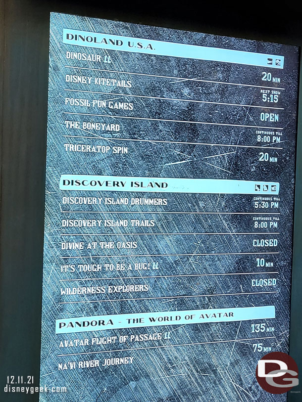 5:14pm - A check of the wait times for Disney's Animal Kingdom