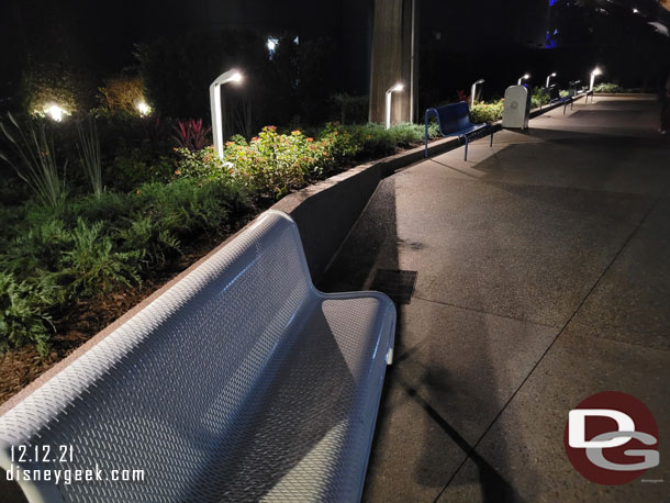 As I walked around Walt Disney World I found it hard to find places to sit in many locations. It seemed the number of benches were less and options to sit, especially in shade, were far and few between in most areas.  This walkway/area between the Connect