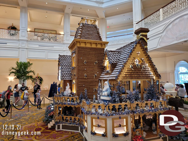 The gingerbread house this year has a lot of blue and gold for the 50th anniversary of WDW.