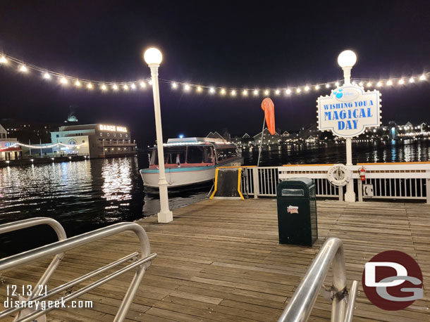 9:11pm - Thought about taking a boat back to EPCOT since I saw one enroute from the Yacht Club.  It pulled into the other side though.  A cast member came out saying they were training and not in service.  