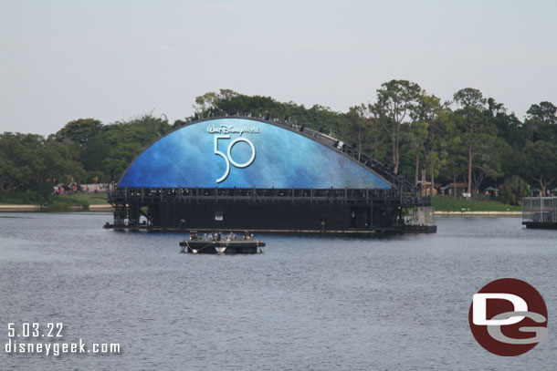 The Harmonious Barges looming in World Showcase lagoon, they looked the same as they did in December.