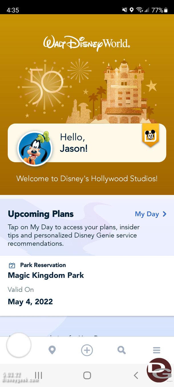 Thought it was interested since I last passed by the Studios it still welcomes me there on the app, not EPCOT which is closer to my current location.