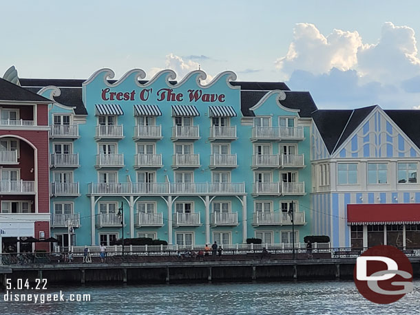 Another view of where our room was from the other side of the lake.  We had the first three balconies on the left in the teal section on the 4th floor.