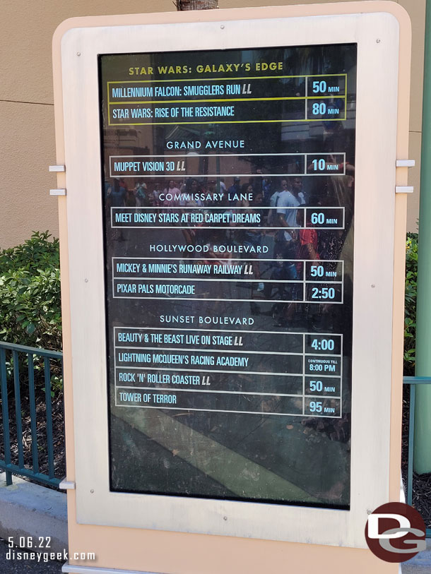 2:25pm - Disney's Hollywood Studios wait times.  Not shown is the current temperature which was in the 90s.