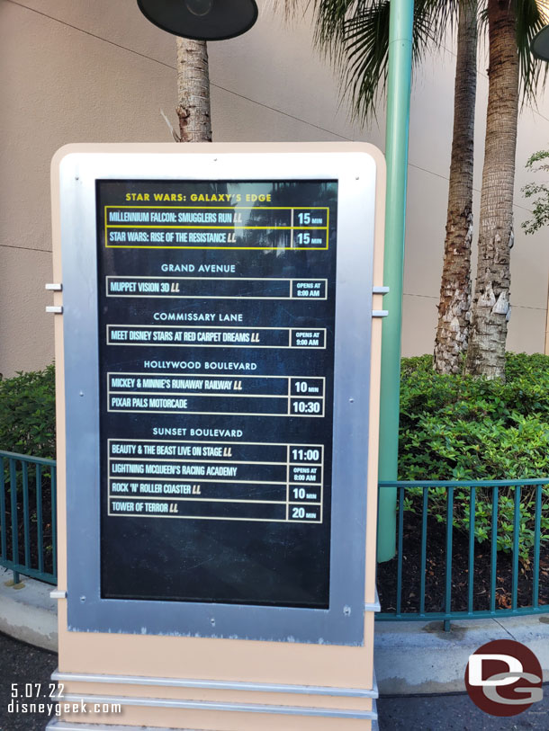 The wait times at Disney's Hollywood Studios at 7:55am