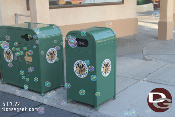 A trash can spraying bubbles on Hollywood Blvd.