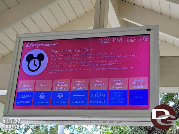 Returning to the Magic Kingdom from the Boardwalk.  The bus information screen was working.