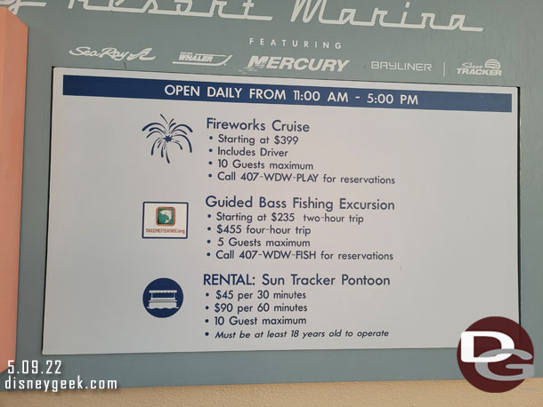 Current prices for offerings at the Marina.