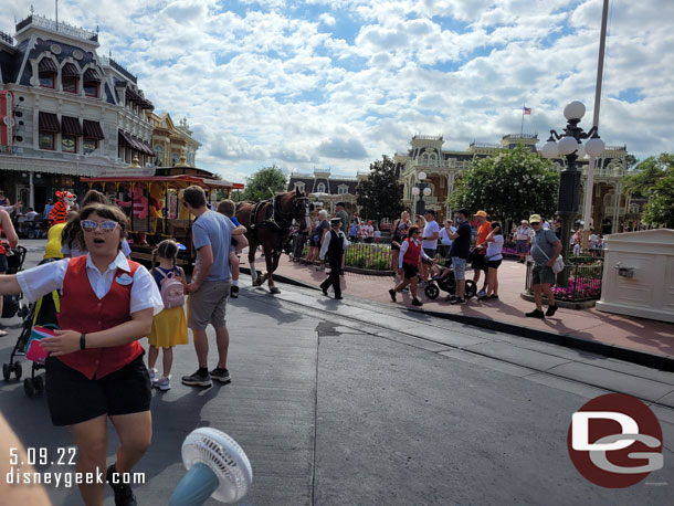 9:55am - Arrived in Town Square just in time to get yelled at by cast members.   We were clear of the tracks, as you can see, but there were two or three CMs yelling loudly at guests to get out of the way.