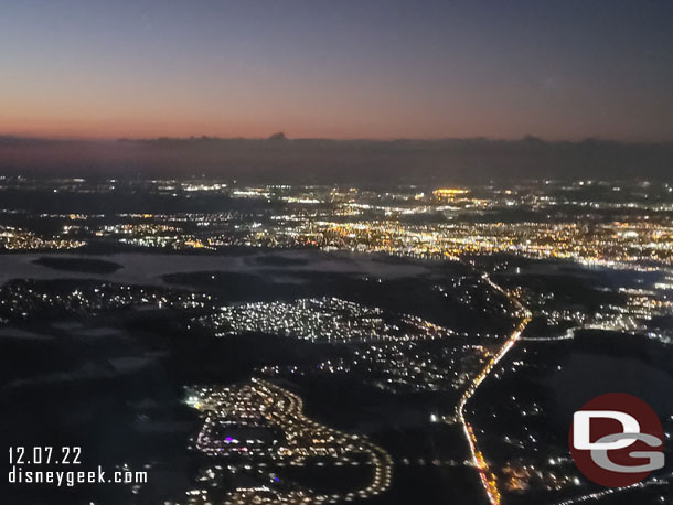 On approach to Orlando. In the distance you can just barely make out Spaceship Earth's lights... I did not get a good picture.