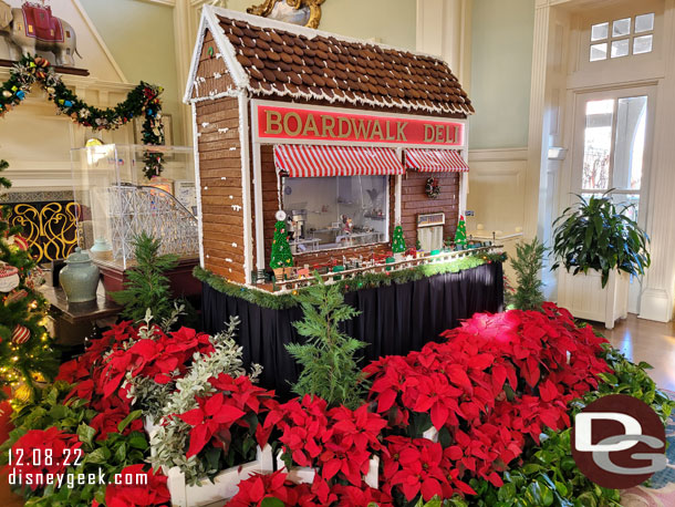 8:58am - At the Boardwalk and waiting for some friends.  This year the gingerbread display is minimal compared to years ago. Just one building.