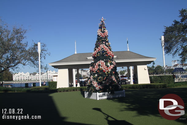 A Christmas tree on the lawn.