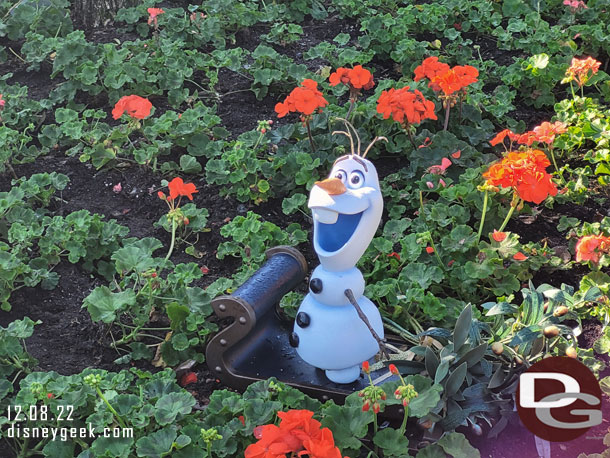 The Olaf quest is back.  As we walked around we spotted several of them.  Here is one near the restrooms in Morocco.