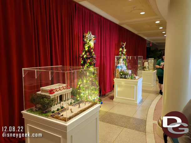 There are three display cases with gingerbread in the American Adventure lobby.  