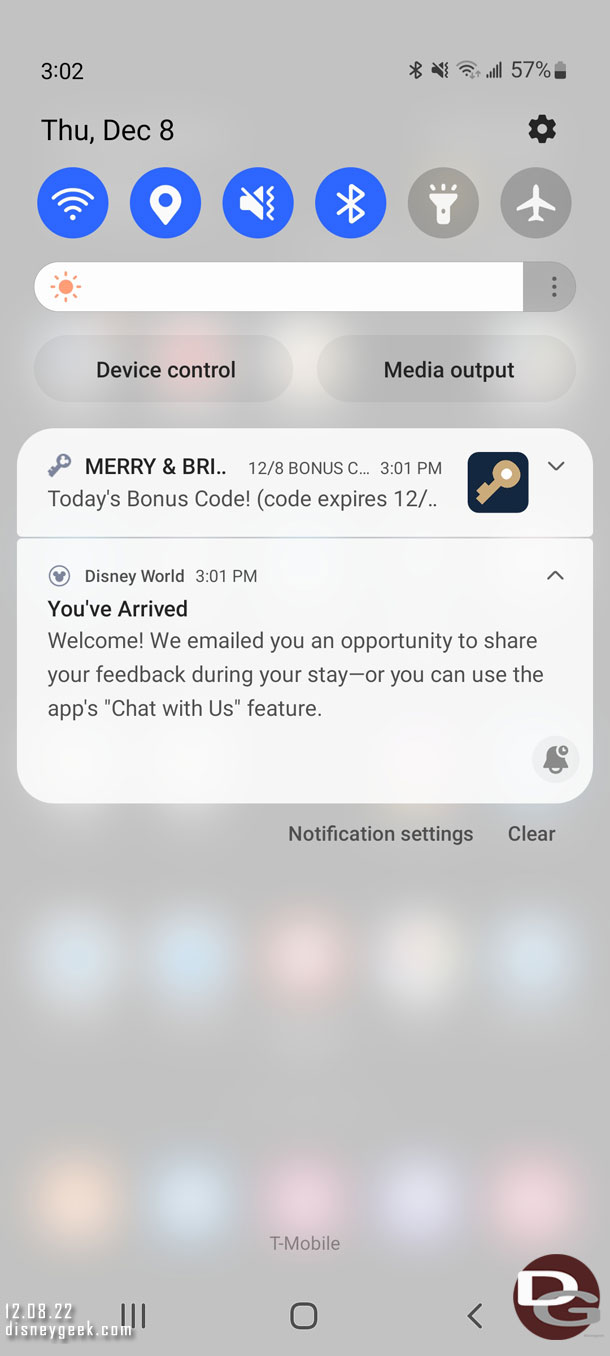 3:00pm - The app is welcoming us to Walt Disney World.  We never received an alert that our room was ready, but around 2pm I checked the app and it had a room number.