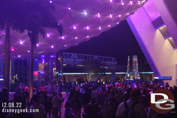 A good crowd moving around Spaceship Earth for 8:30 at night.