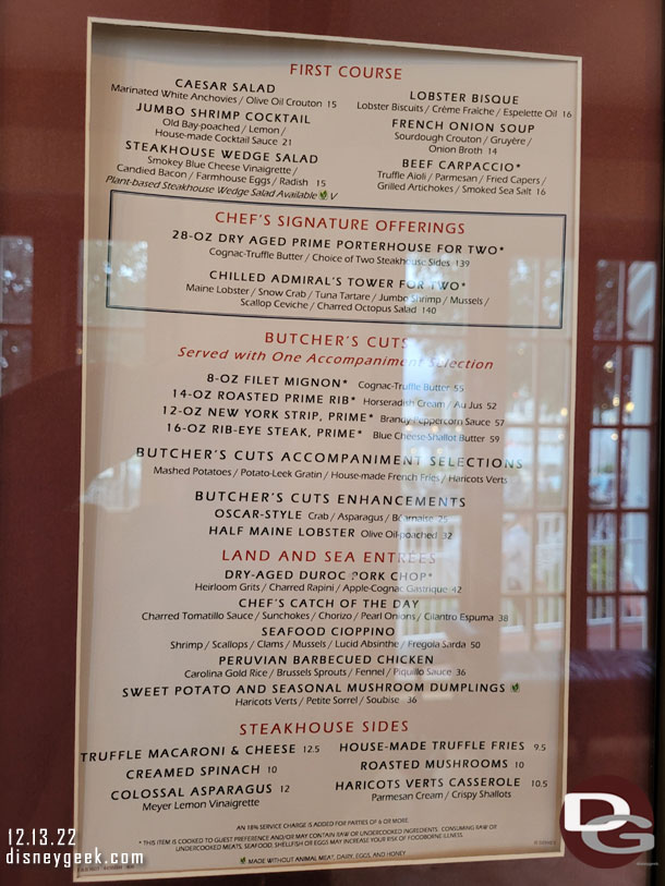 Yachtsman Steakhouse menu as I walked by.