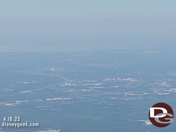 A closer look, to the right of center is Epcot and in the distance to the left of center is the Magic Kingdom area.