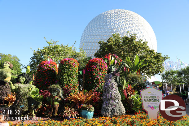 6:01pm - Made it into Epcot... three hours until park closing.  Encanto topiaries are at entrance for the International Flower & Garden Festival this year.