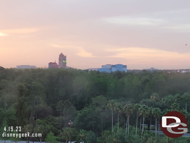 The sun rising over Disney's Hollywood Studios seen from my room in the Gran Destino  Tower around 7am.