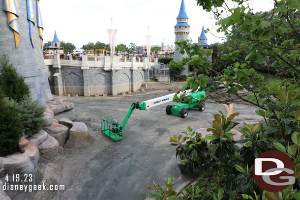 The moat is currently drained and they are working to remove the Walt Disney World 50th Anniversary decorations from Cinderella Castle.