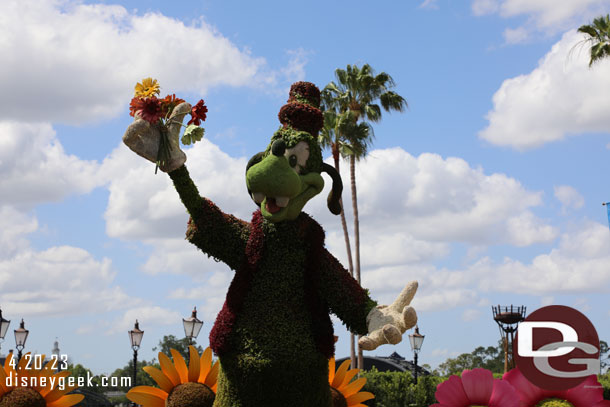 Goofy topiary greets you as you head to World Showcase