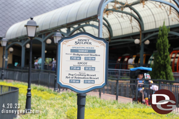 12:55pm - Boarding the DisneySkliner at the International Gateway of Epcot. Here are the hours of operation today.