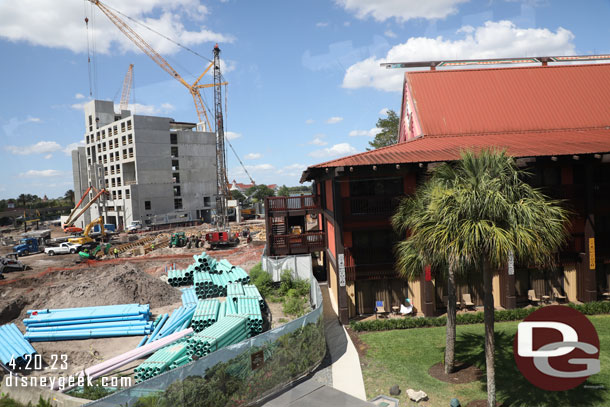 The Polynesian Village DVC Tower construction from the Monorail.  A lot of pipes waiting to be installed.