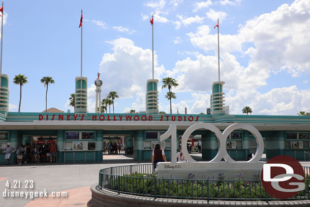 A look at the Disney100 sign/photo spot in front of Disney's Hollywood Studios