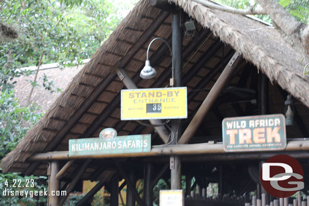 4:15pm - 35 min wait posted for Kilimanjaro Safari, hoping for less.