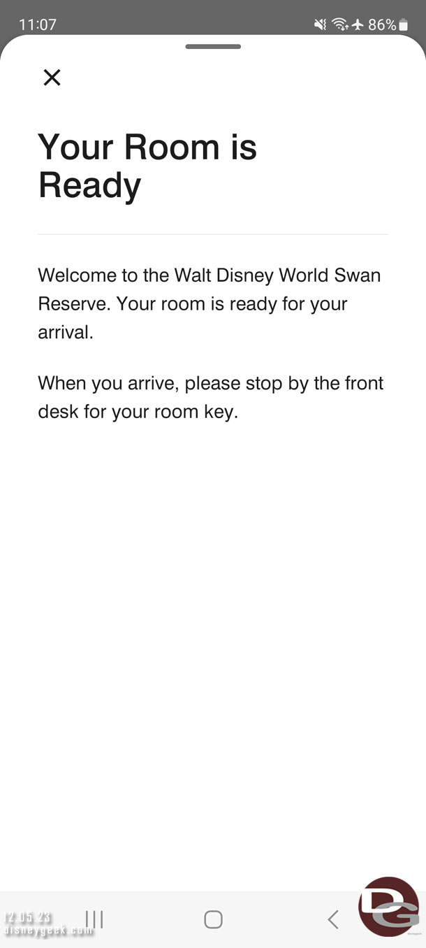 While in flight received a notification that our room at the Swan Reserve was ready for us.