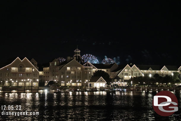 Magic Kingdom fireworks in the distance beyond the Yacht Club