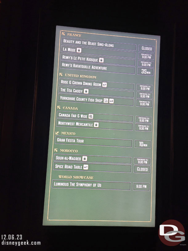 Some EPCOT wait times at 9:10pm