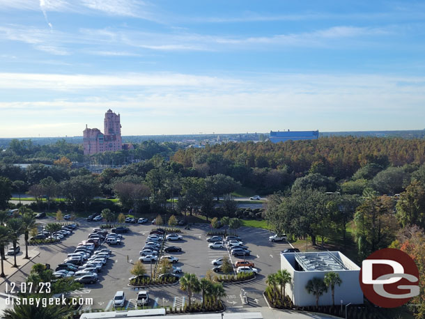 Disney's Hollywood Studios in the distance the Swan Reserve parking lot in the foreground