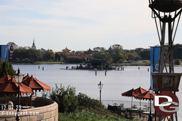 9:56am - Just entered EPCOT through the International Gateway and taking a look at World Showcase Lagoon.  The center barge for Luminous was left out.