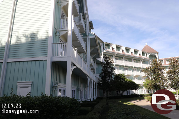 2:49pm - Looking up from the walkway toward our room as we headed for the Skyliner.